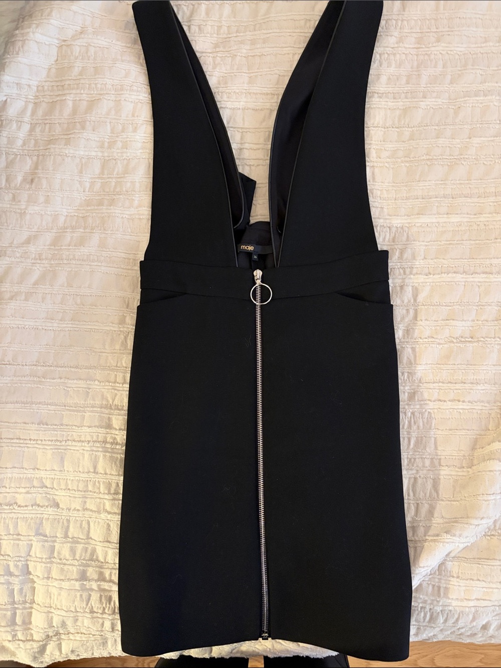 Maje Black Deep V Zip-Front Mini Dress